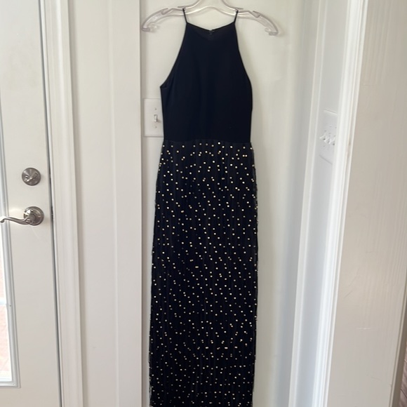 Badgley Mischka Sleeveless Beaded Fringe Column Gown Black/Gold Size 0 - Picture 6 of 11